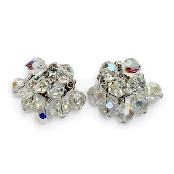 Vintage Retro Glass Faceted AB Beaded Cha Cha Clip On Earrings - Picture 1 of 5